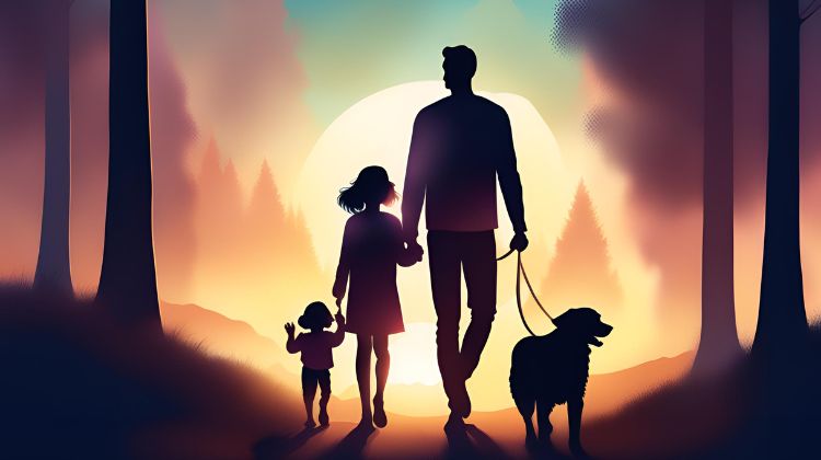 family walking with dog