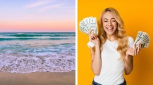 split image showing a beach shore and a woman holding cash