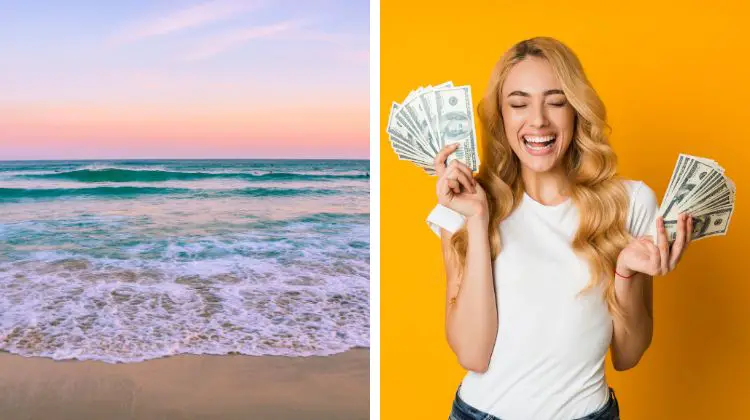 split image showing a beach shore and a woman holding cash