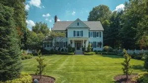 beautiful, traditional American home with a large front lawn