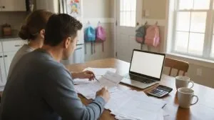 Couple at a kitchen table reviewing mortgage paperwork and a laptop, seen from behind